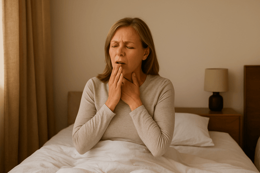 A woman in bed, holding her throat and looking uncomfortable in a cozy, softly lit bedroom