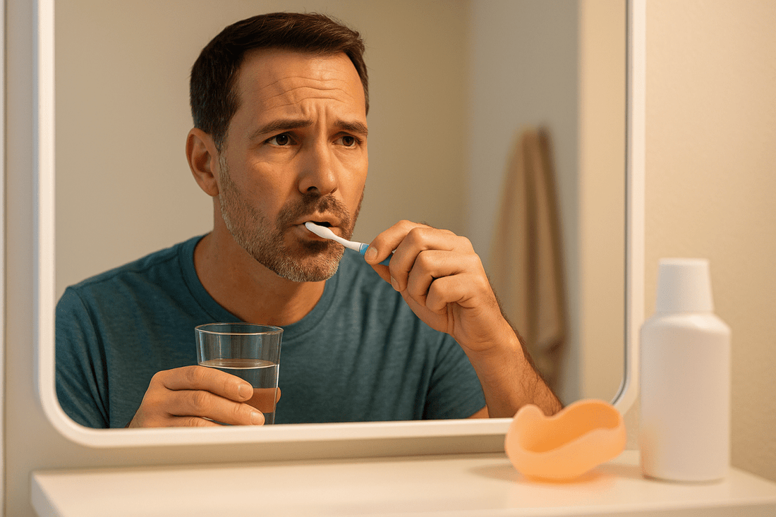 A man is brushing his teeth while holding a glass of water