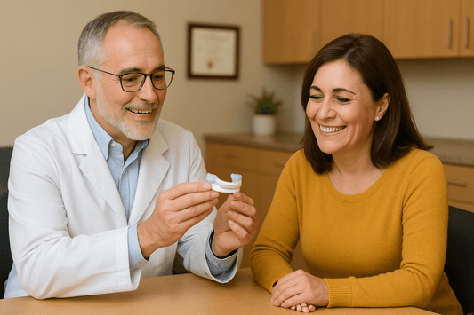 A middleaged male dentist in a white coat shows a sleep apnea oral appliance to a smiling female patient wearing a mustard yellow sweater