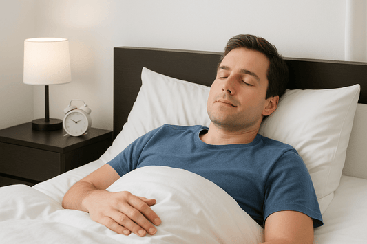 A man lying in bed, eyes closed and relaxed, wearing a blue t-shirt. There is a lamp and an alarm clock on a nightstand next to him