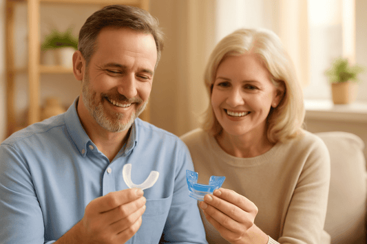 Middle aged couple smiling while holding two types of sleep apnea mouthpieces in a cozy living room