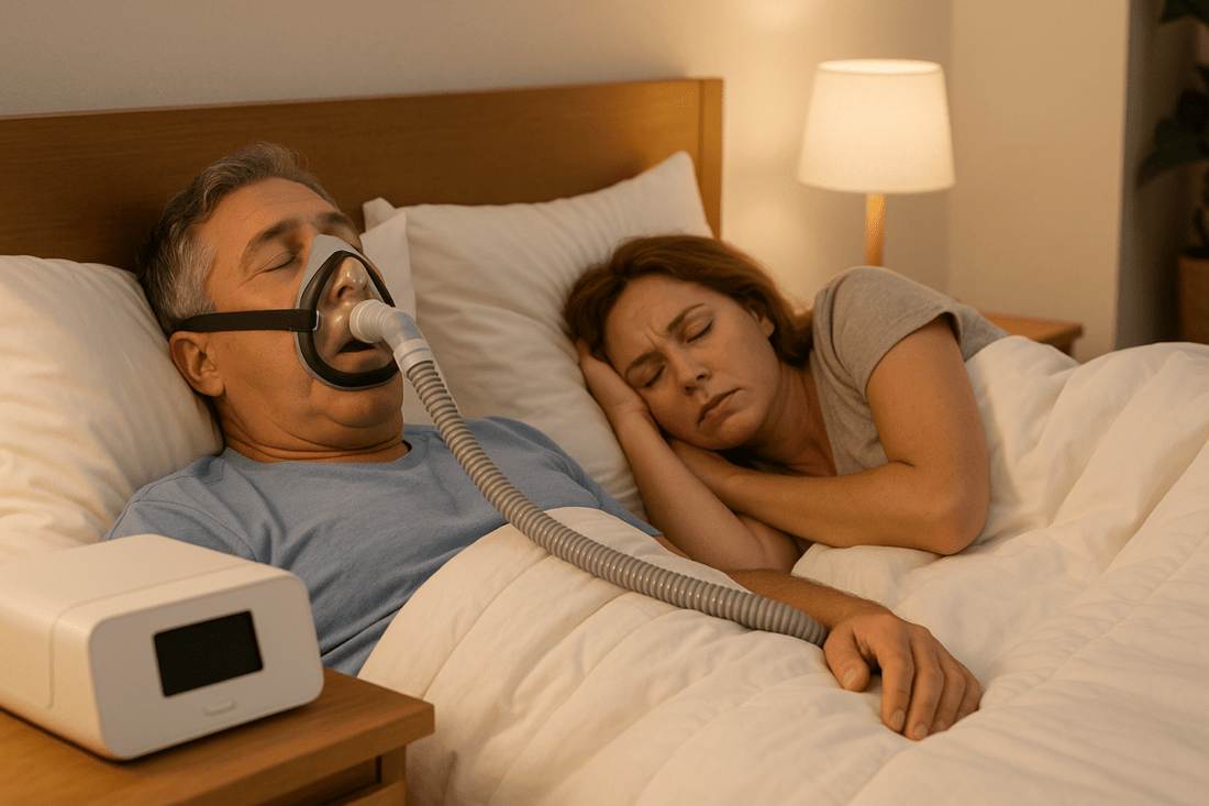 A man sleeps with a full-face CPAP mask while his partner lies beside him, visibly disturbed by his snoring