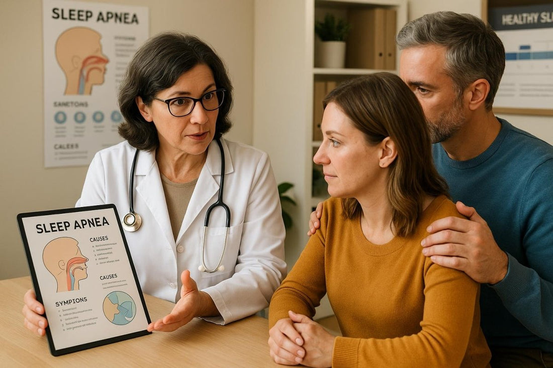 doctor explaining sleep apnea to a couple in a consultation, holding a chart showing the causes and symptoms of sleep apnea